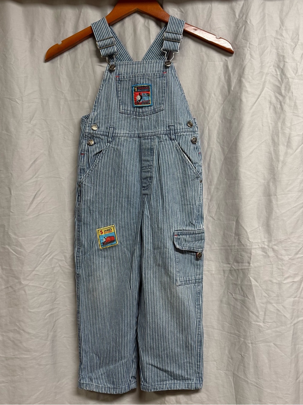 VINTAGE !! Thomas & Friends Blue Pinstripe Overalls with Patches